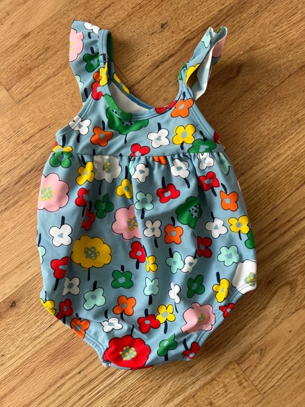 Hanna Andersson Light Blue Floral Ruffle One-Piece swimsuit baby 6-12 months
